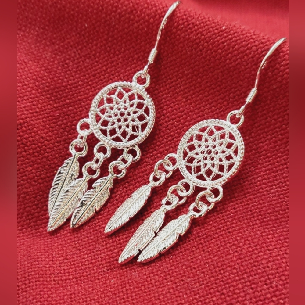 Womens Sterling Silver Dream Catcher Earrings